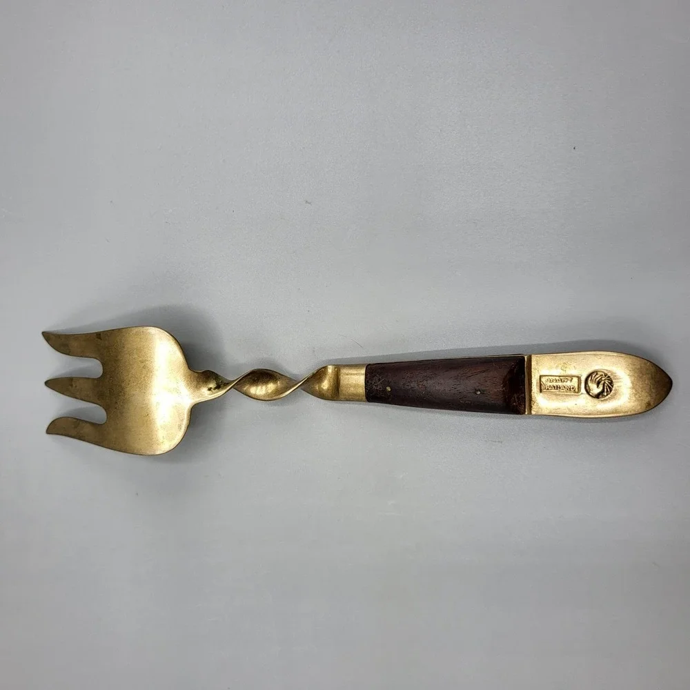 Vintage Serving Fork Brass Wood Spiral Twist Buddha Gold Siam Brown Replacement